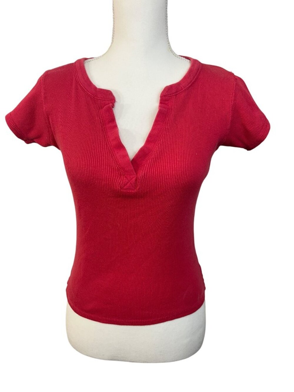 Vintage Capsule Coquette Womens Cherry Ribbed Cotton Short Sl V-Neck Tee - Sz M